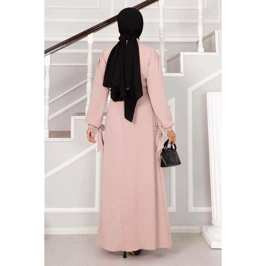 Light Mink Half-Buttoned Hijab Dress with Stone Design Modest Modest Dress