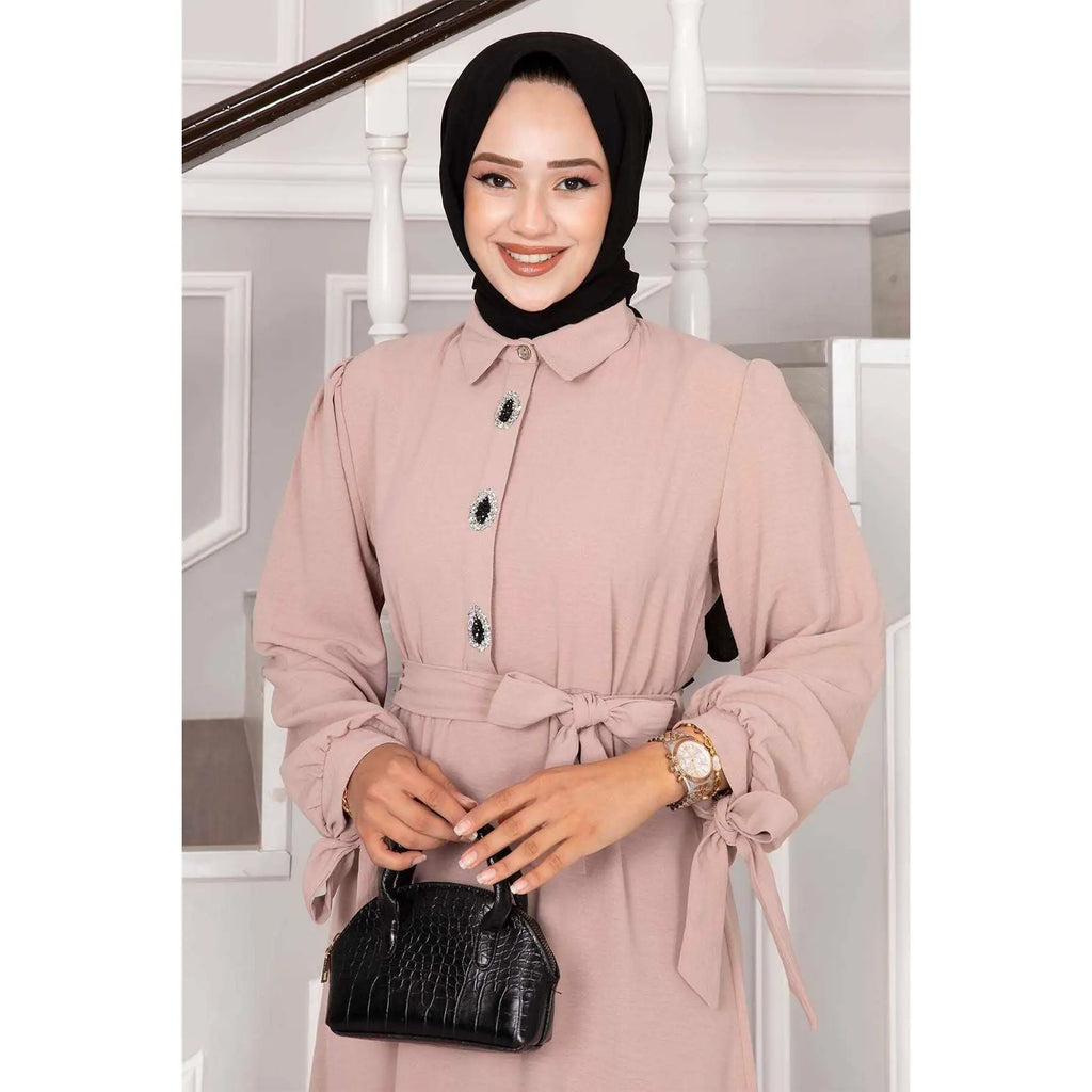 Light Mink Half-Buttoned Hijab Dress with Stone Design Modest Modest Dress