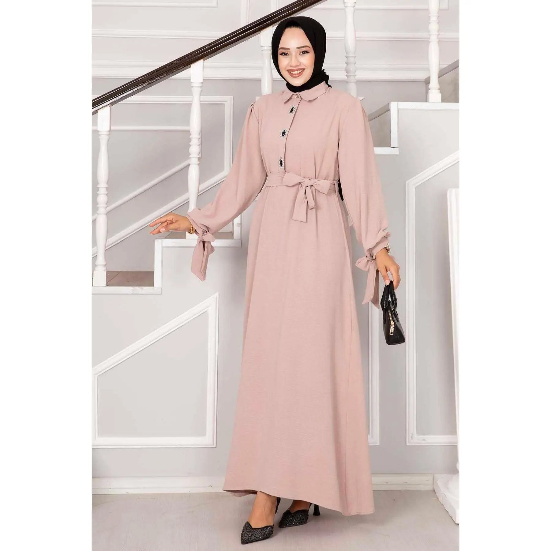 Light Mink Half-Buttoned Hijab Dress with Stone Design Modest Modest Dress