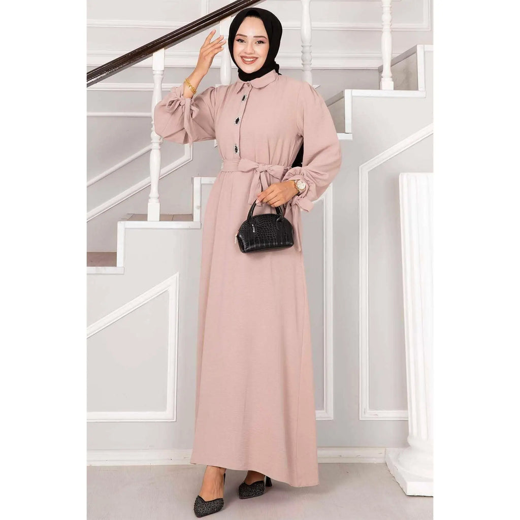 Light Mink Half-Buttoned Hijab Dress with Stone Design Modest Modest Dress
