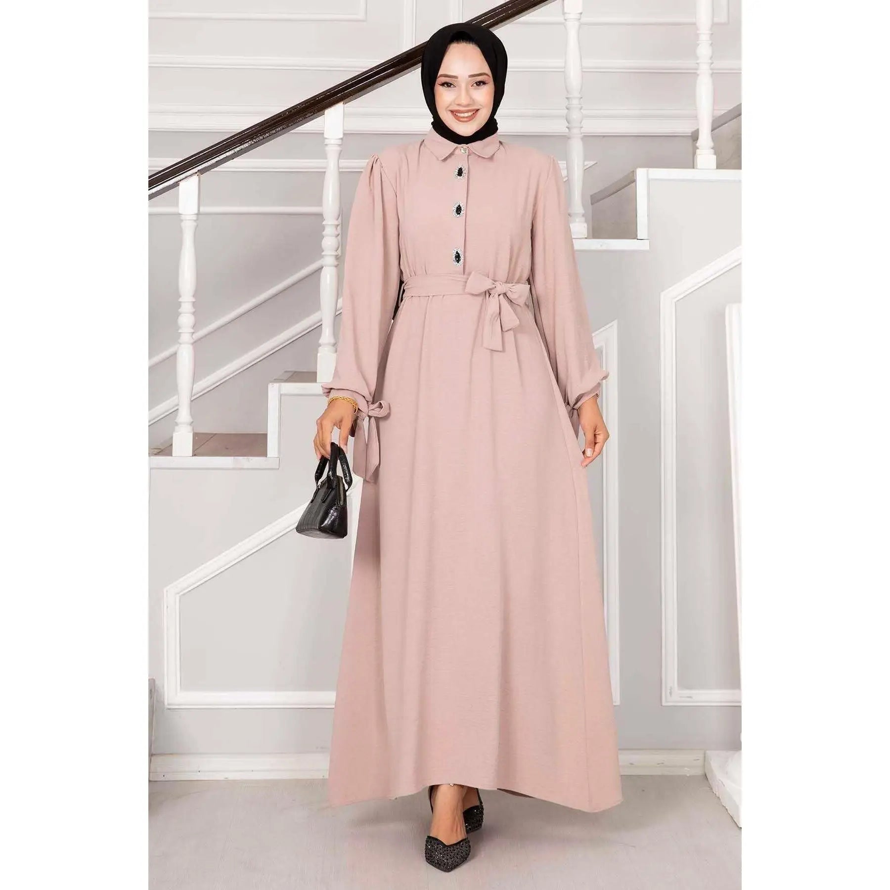 Light Mink Half-Buttoned Hijab Dress with Stone Design Modest Modest Dress