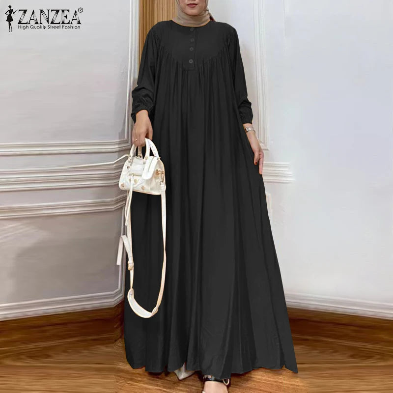 FZANZEA ashion Women Long Sleeve Muslim Maxi Long Dress Autumn Dubai Turkey Abaya Hijab Sundress Islamic Clothing