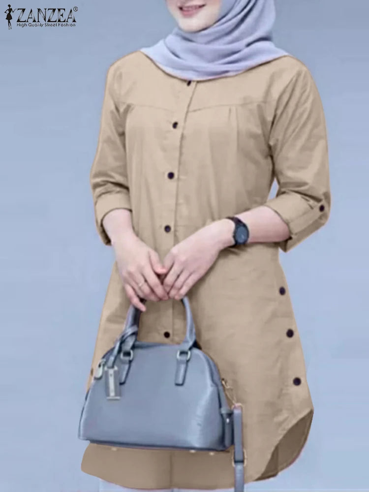 2026 ZANZEA Autumn Shirt Fashion Women O Neck Long Sleeve Tops Muslim Hijab Blouse Elegant Abaya Turkey Kaftan Isamic Clothing