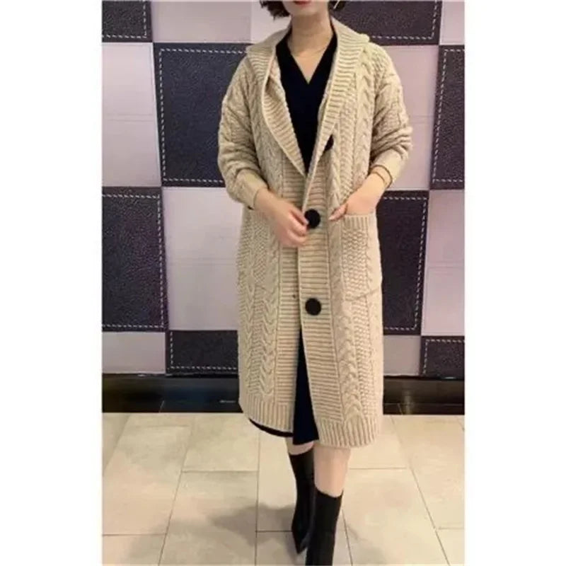 Spring Autumn 2024 New Jacquard Twists Cardigan Sweater Large Size Women Long Hooded Single