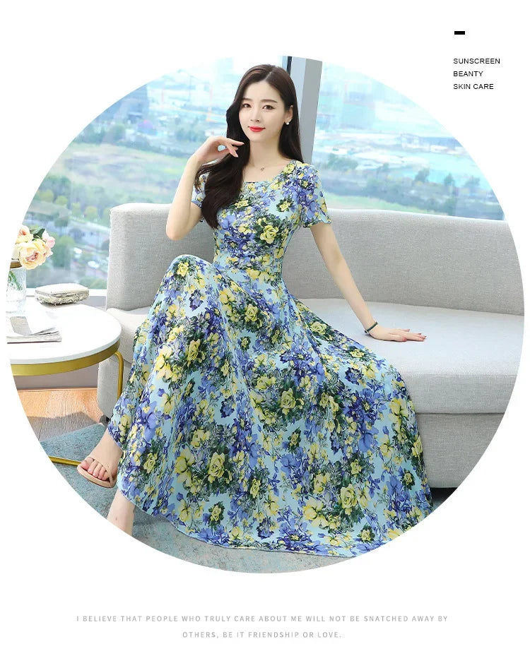 Fashionable Stylish 2023 Summer Short Sleeve Fragmented Flower Dress Women's Round Neck Waist-fitted Slimming Long Skirt