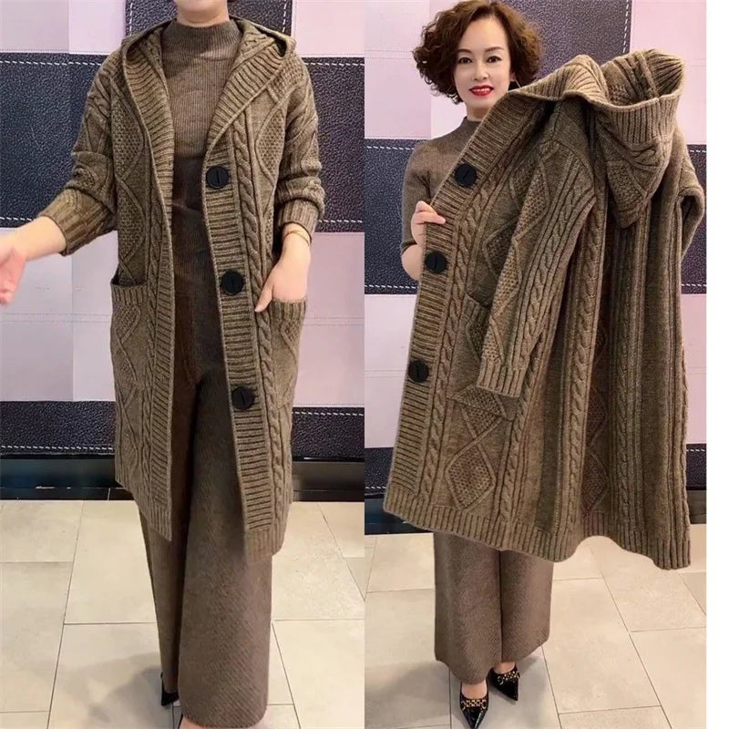 Spring Autumn 2024 New Jacquard Twists Cardigan Sweater Large Size Women Long Hooded Single