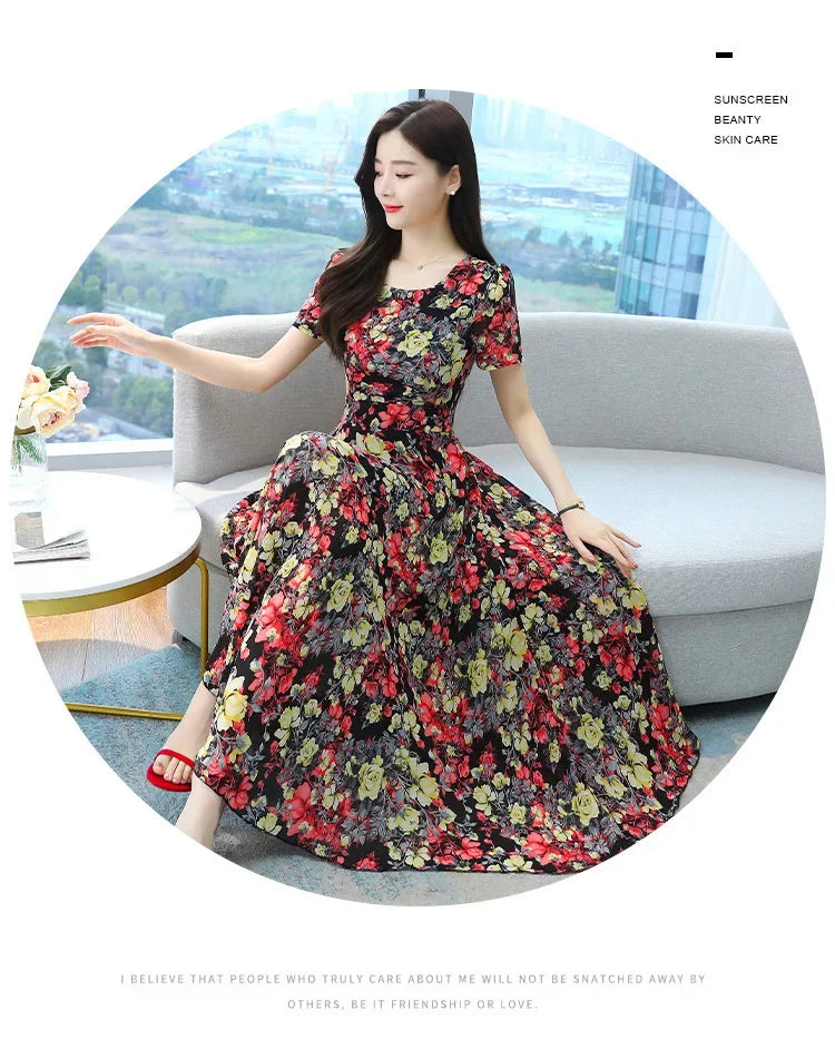 Fashionable Stylish 2023 Summer Short Sleeve Fragmented Flower Dress Women's Round Neck Waist-fitted Slimming Long Skirt
