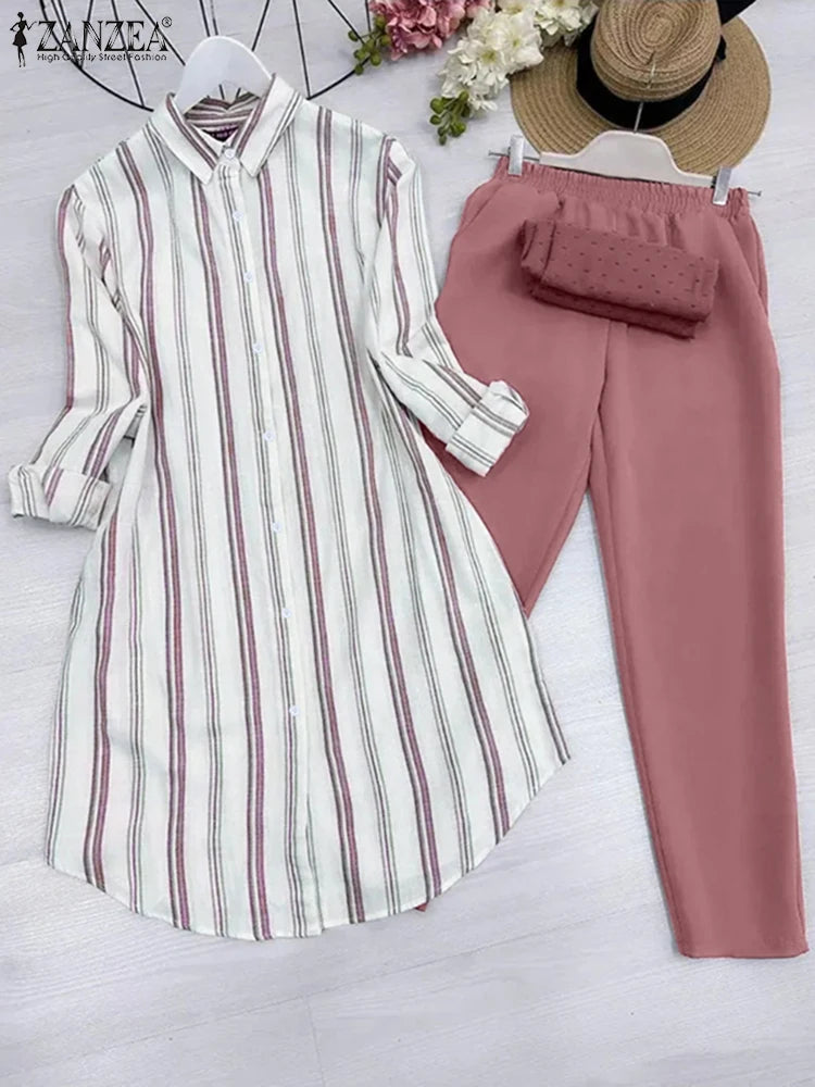 2026 ZANZEA Women Striped Elegant Sets Autumn Two-piece Suits Outfits Casual Lapel Neck Long Shirts Elastic Waist Pants Sets