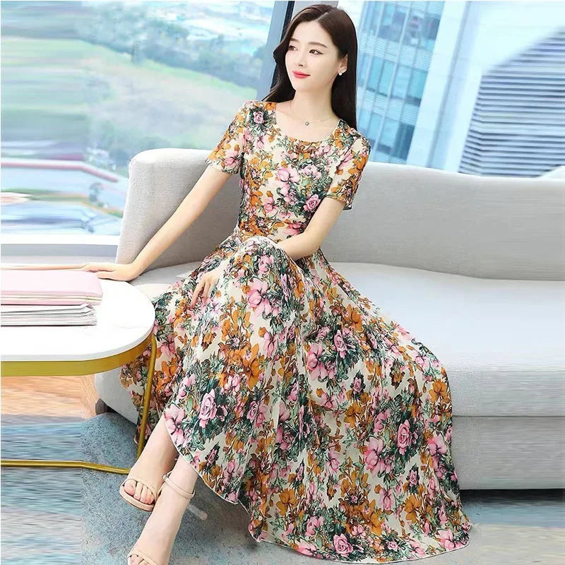 Fashionable Stylish 2023 Summer Short Sleeve Fragmented Flower Dress Women's Round Neck Waist-fitted Slimming Long Skirt