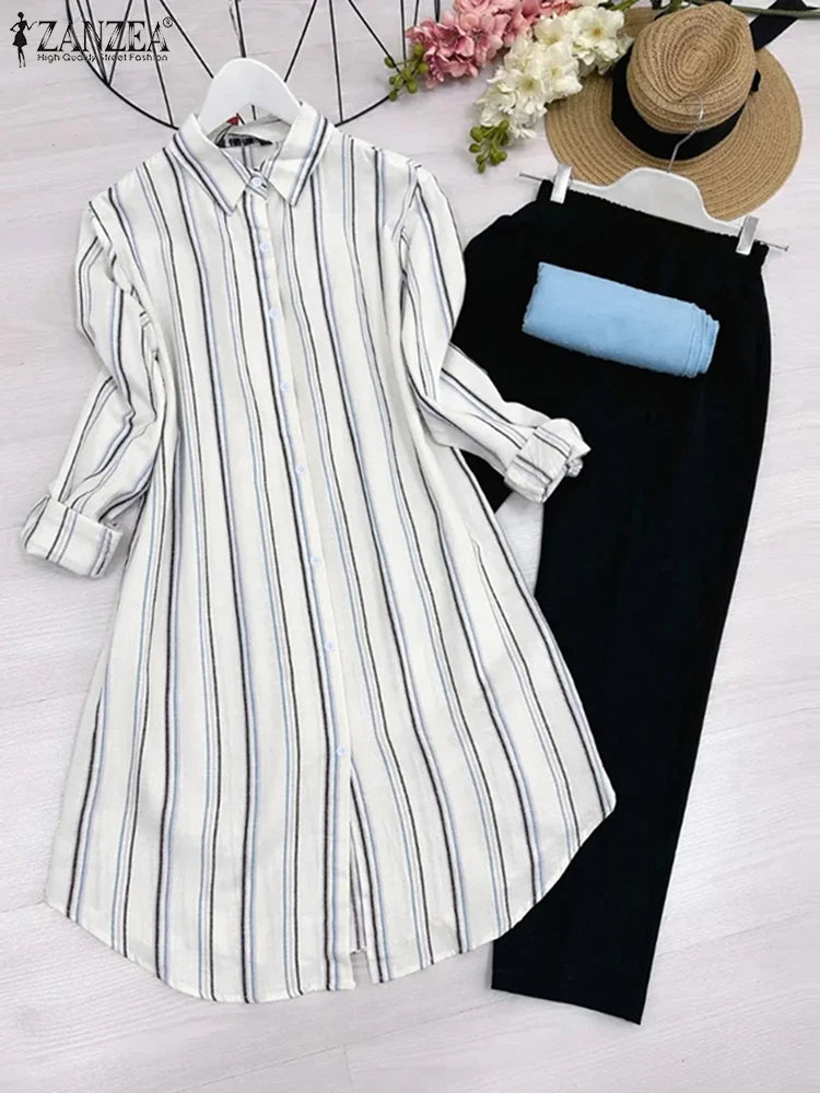 2026 ZANZEA Women Striped Elegant Sets Autumn Two-piece Suits Outfits Casual Lapel Neck Long Shirts Elastic Waist Pants Sets