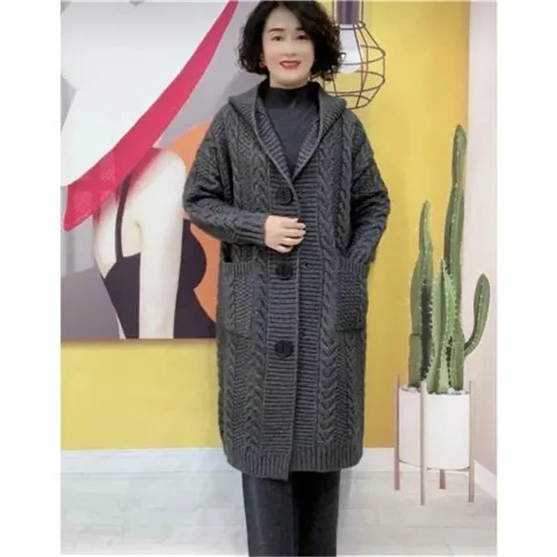 Spring Autumn 2024 New Jacquard Twists Cardigan Sweater Large Size Women Long Hooded Single