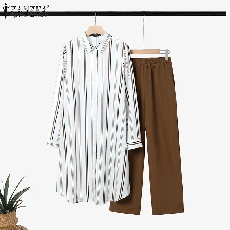 2026 ZANZEA Women Striped Elegant Sets Autumn Two-piece Suits Outfits Casual Lapel Neck Long Shirts Elastic Waist Pants Sets