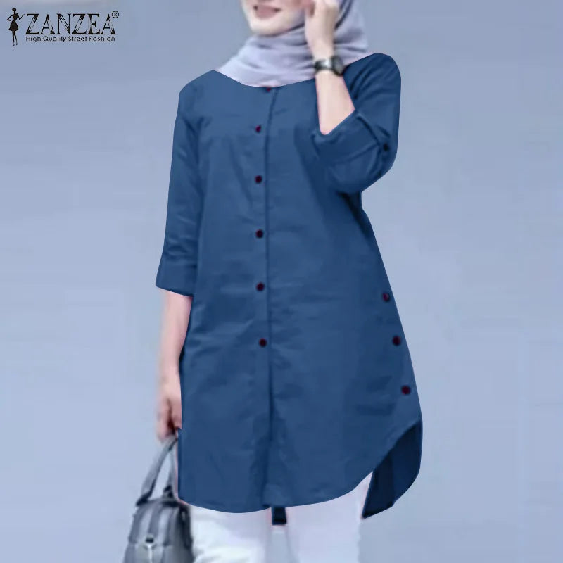 2026 ZANZEA Autumn Shirt Fashion Women O Neck Long Sleeve Tops Muslim Hijab Blouse Elegant Abaya Turkey Kaftan Isamic Clothing