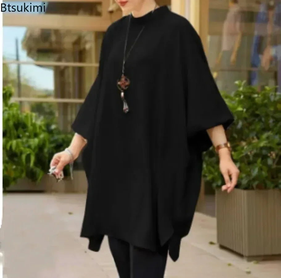 2026 Women's Muslim Blouses Elegant Solid Loose Casual O-neck Lantern Sleeve Pullover Tunic Tops Ramadan Abayas Blusas Mujer New