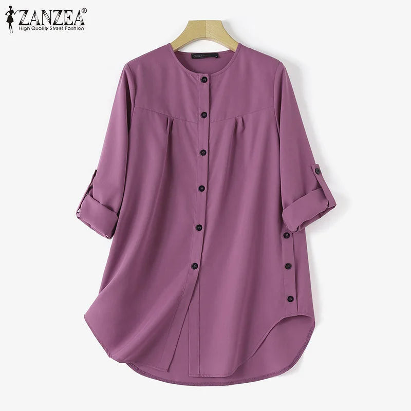 2026 ZANZEA Autumn Shirt Fashion Women O Neck Long Sleeve Tops Muslim Hijab Blouse Elegant Abaya Turkey Kaftan Isamic Clothing
