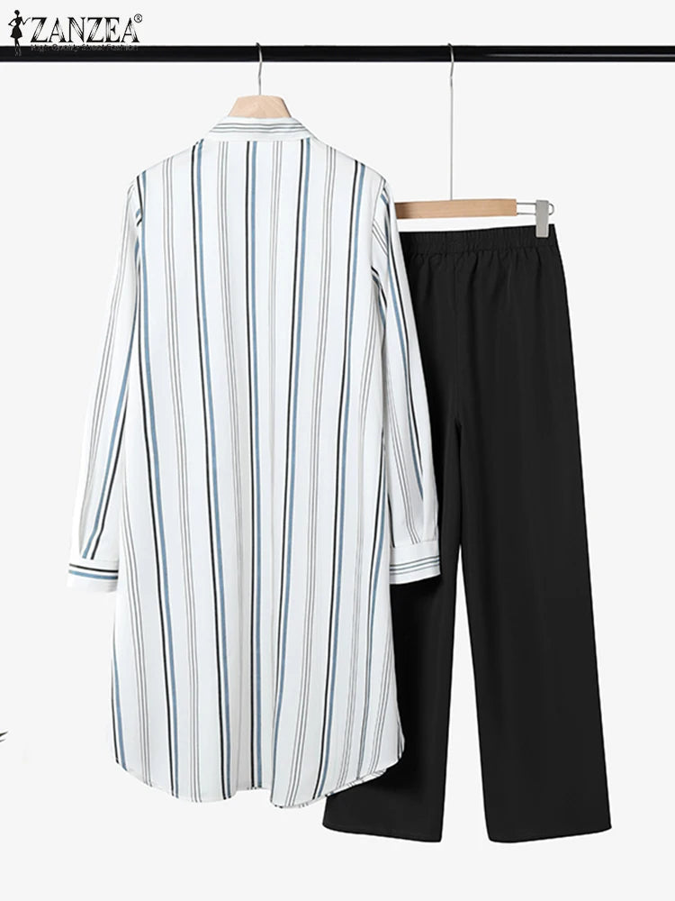 2026 ZANZEA Women Striped Elegant Sets Autumn Two-piece Suits Outfits Casual Lapel Neck Long Shirts Elastic Waist Pants Sets