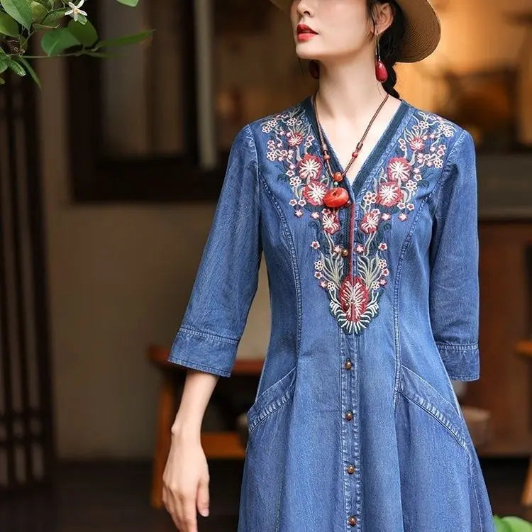2026 autumn national style embroideried v-neck dress temperament slim fitting denim dress elegant exquisite chinese retro robe