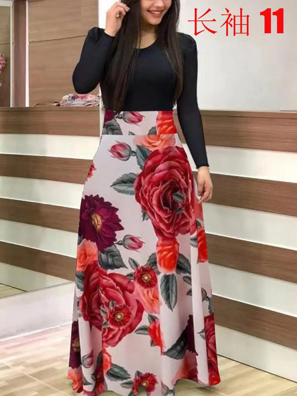 Autumn hot selling European and American flower color matching dresses, long dresses,