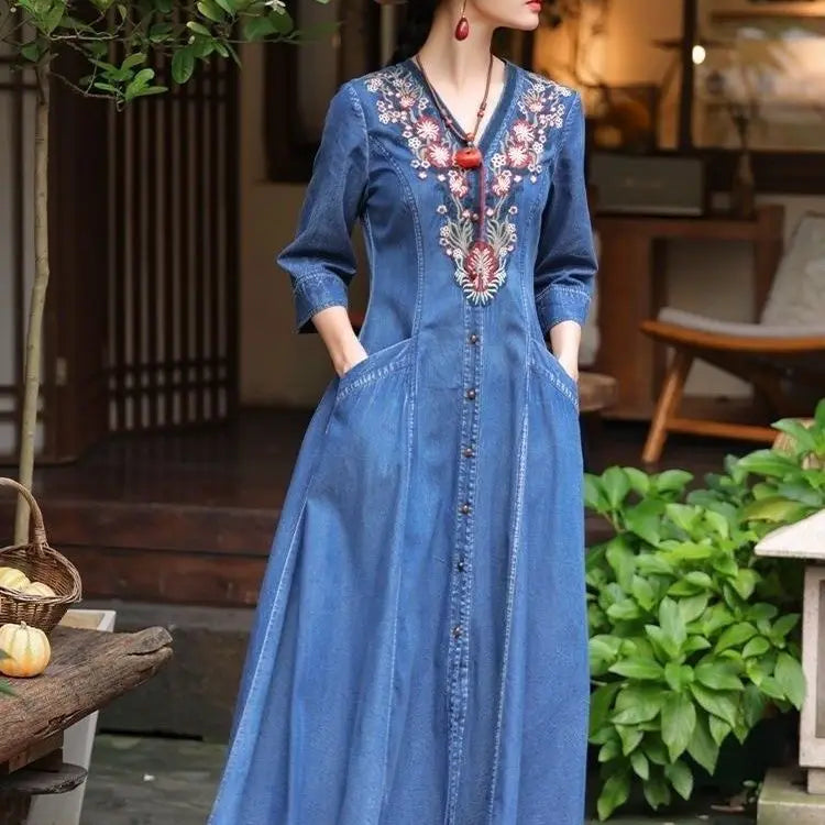 2026 autumn national style embroideried v-neck dress temperament slim fitting denim dress elegant exquisite chinese retro robe