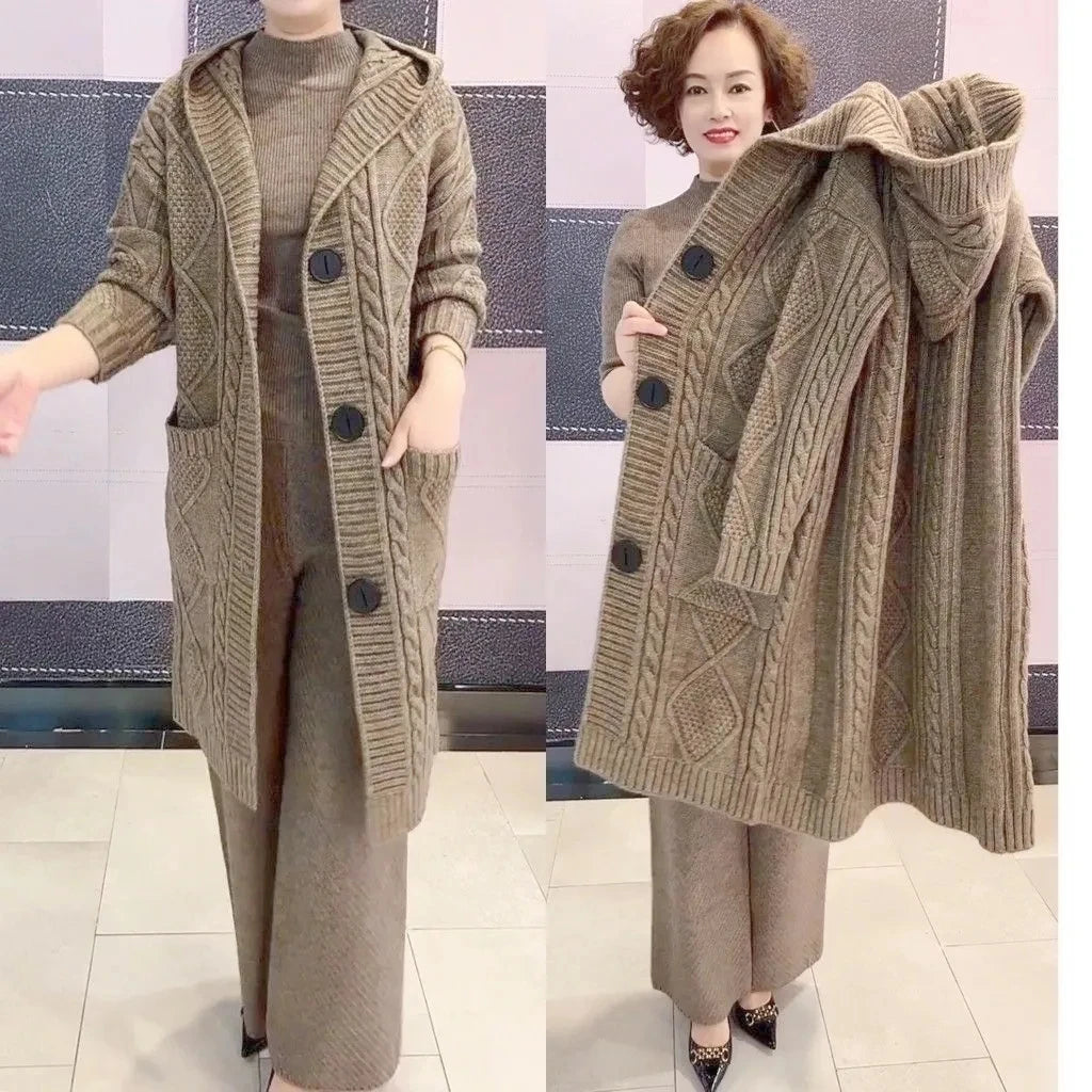 Spring Autumn 2024 New Jacquard Twists Cardigan Sweater Large Size Women Long Hooded Single