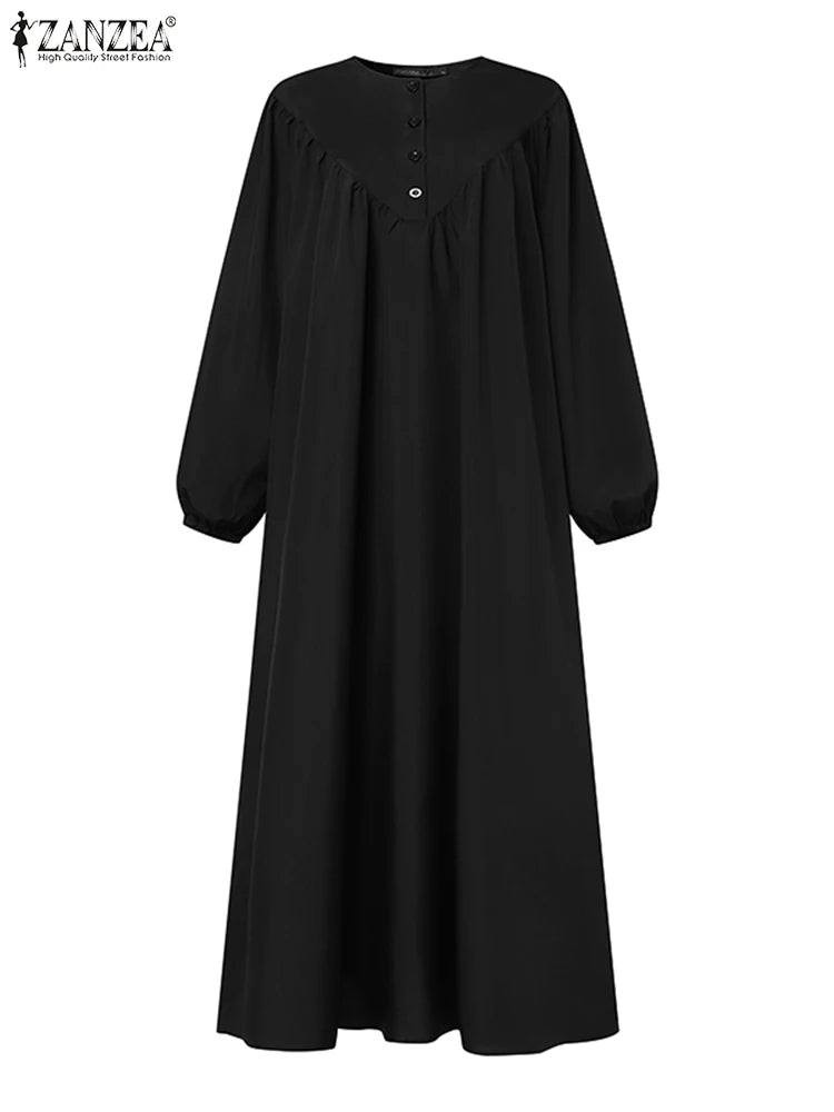 FZANZEA ashion Women Long Sleeve Muslim Maxi Long Dress Autumn Dubai Turkey Abaya Hijab Sundress Islamic Clothing