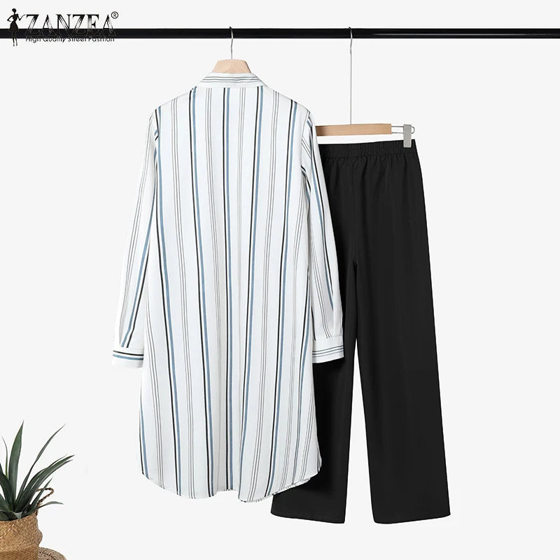2026 ZANZEA Women Striped Elegant Sets Autumn Two-piece Suits Outfits Casual Lapel Neck Long Shirts Elastic Waist Pants Sets