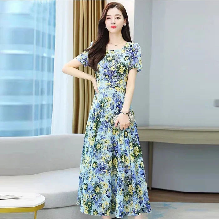 Fashionable Stylish 2023 Summer Short Sleeve Fragmented Flower Dress Women's Round Neck Waist-fitted Slimming Long Skirt