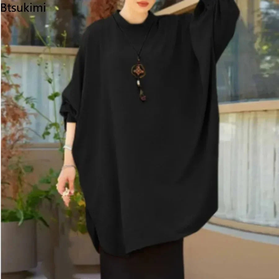 2026 Women's Muslim Blouses Elegant Solid Loose Casual O-neck Lantern Sleeve Pullover Tunic Tops Ramadan Abayas Blusas Mujer New