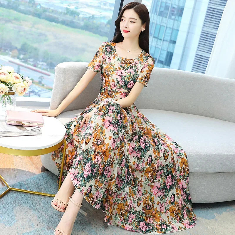 Fashionable Stylish 2023 Summer Short Sleeve Fragmented Flower Dress Women's Round Neck Waist-fitted Slimming Long Skirt