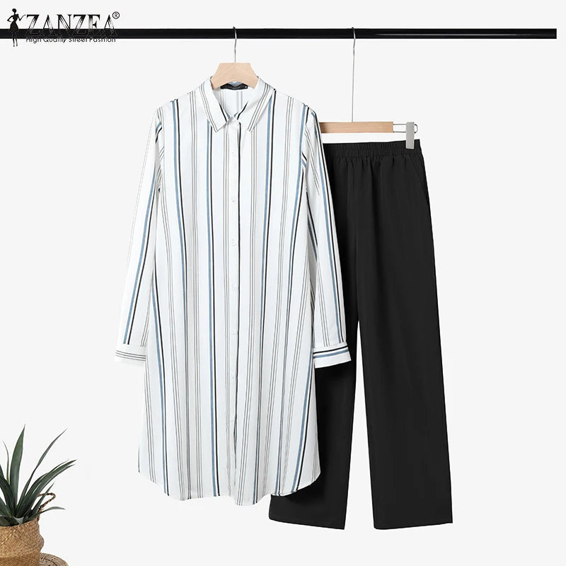 2026 ZANZEA Women Striped Elegant Sets Autumn Two-piece Suits Outfits Casual Lapel Neck Long Shirts Elastic Waist Pants Sets