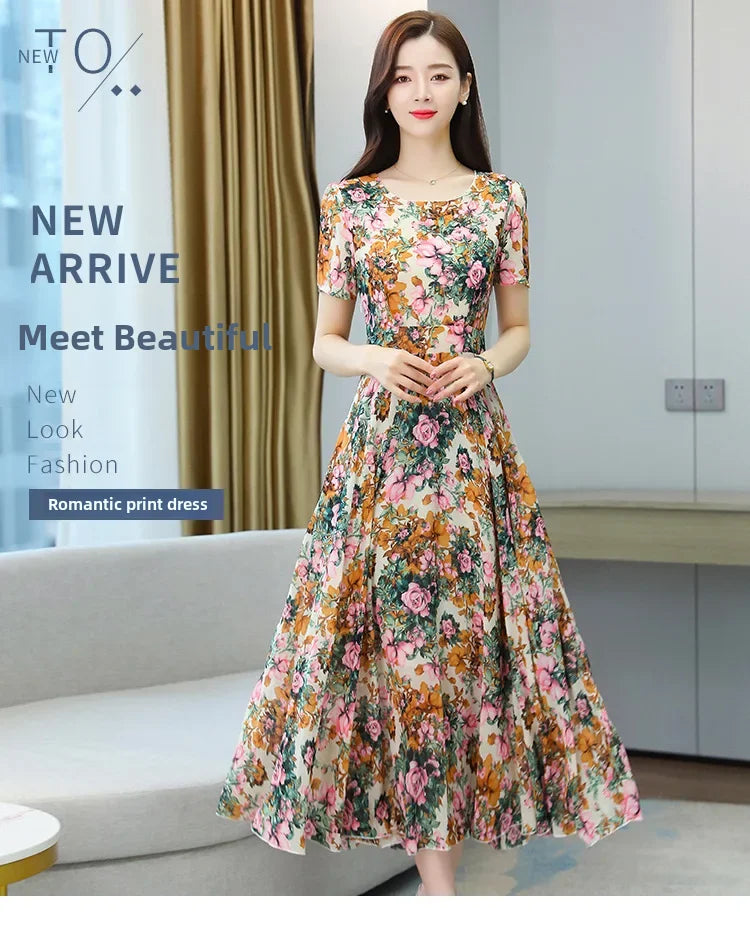 Fashionable Stylish 2023 Summer Short Sleeve Fragmented Flower Dress Women's Round Neck Waist-fitted Slimming Long Skirt