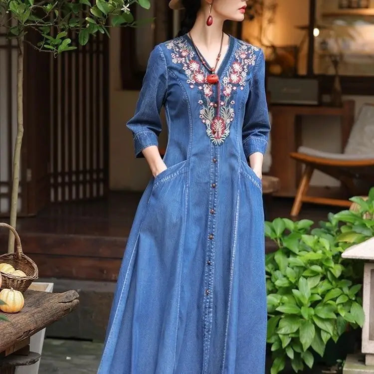 2026 autumn national style embroideried v-neck dress temperament slim fitting denim dress elegant exquisite chinese retro robe