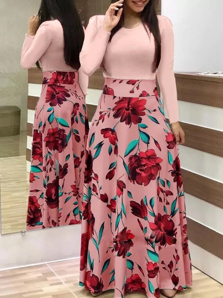 Autumn hot selling European and American flower color matching dresses, long dresses,
