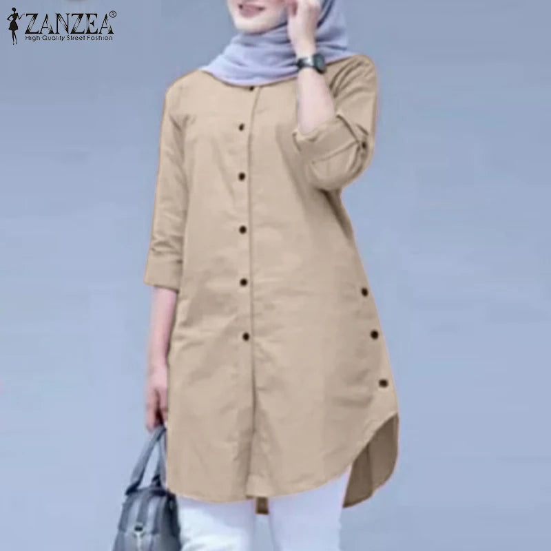 2026 ZANZEA Autumn Shirt Fashion Women O Neck Long Sleeve Tops Muslim Hijab Blouse Elegant Abaya Turkey Kaftan Isamic Clothing