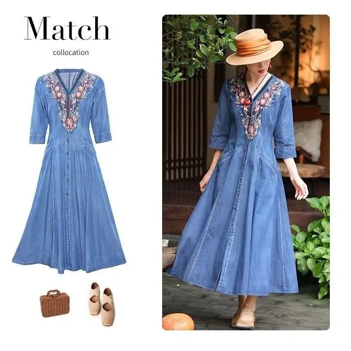2026 autumn national style embroideried v-neck dress temperament slim fitting denim dress elegant exquisite chinese retro robe