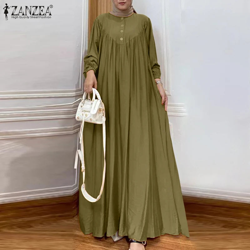 FZANZEA ashion Women Long Sleeve Muslim Maxi Long Dress Autumn Dubai Turkey Abaya Hijab Sundress Islamic Clothing
