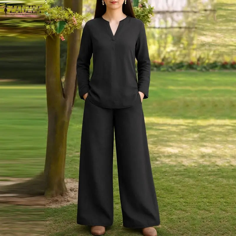 2026 Fashion Autumn Outfit Women 2 Piece Sets ZANZEA Casual V Neck Long Sleeve Tops Pant Suit