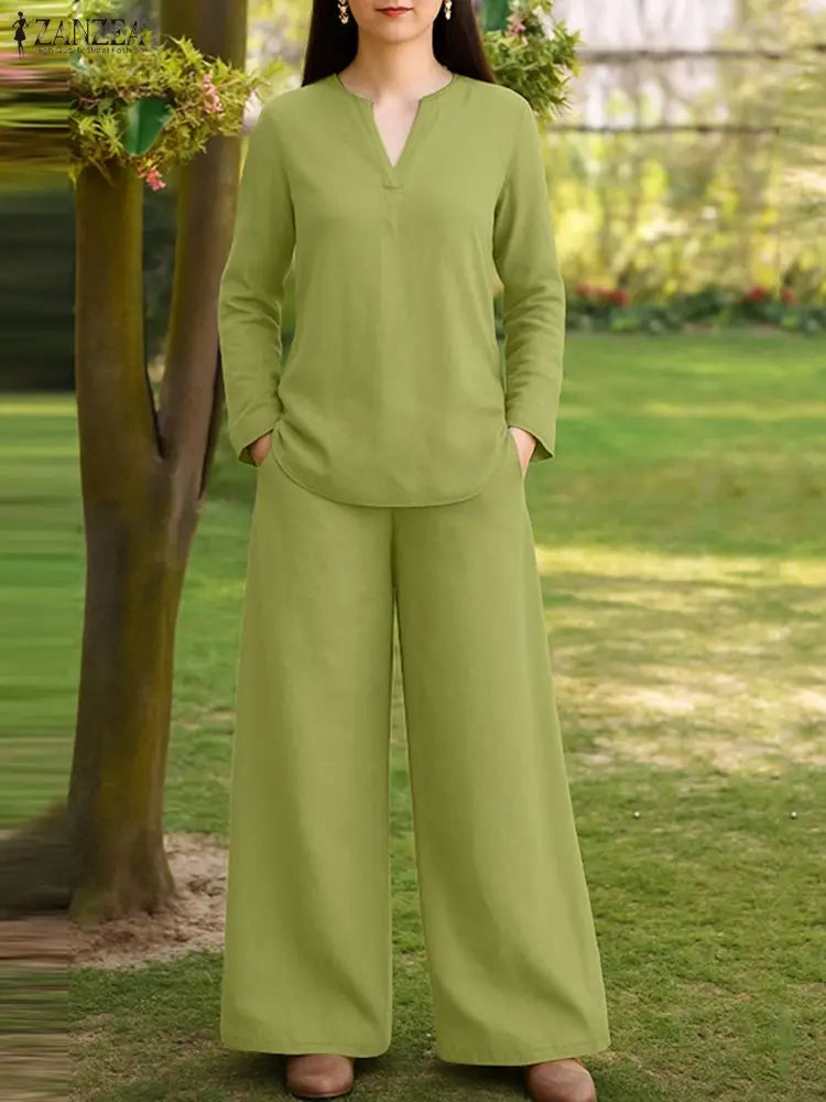 2026 Fashion Autumn Outfit Women 2 Piece Sets ZANZEA Casual V Neck Long Sleeve Tops Pant Suit