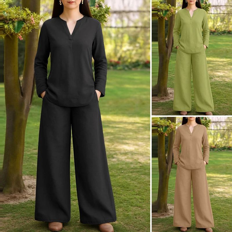 2026 Fashion Autumn Outfit Women 2 Piece Sets ZANZEA Casual V Neck Long Sleeve Tops Pant Suit