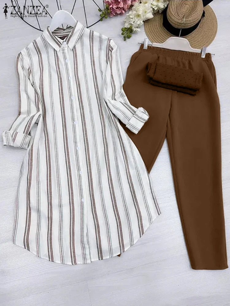 2026 ZANZEA Women Striped Elegant Sets Autumn Two-piece Suits Outfits Casual Lapel Neck Long Shirts Elastic Waist Pants Sets