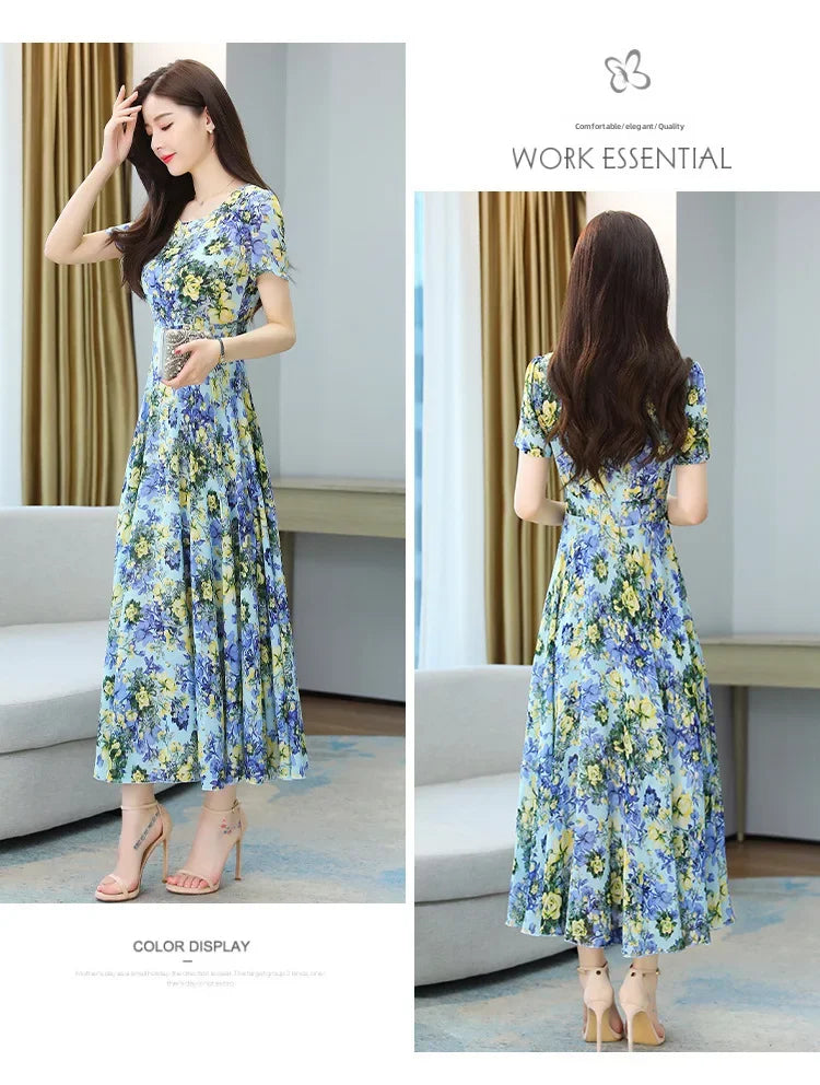 Fashionable Stylish 2023 Summer Short Sleeve Fragmented Flower Dress Women's Round Neck Waist-fitted Slimming Long Skirt