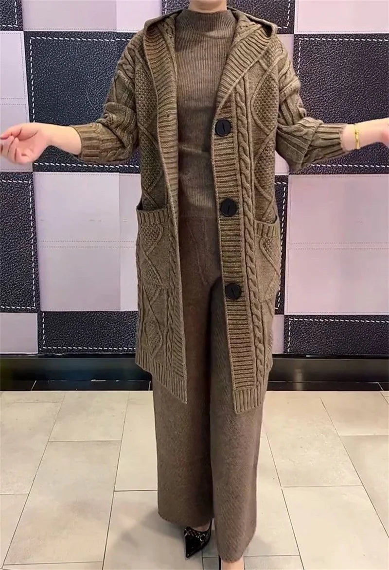 Spring Autumn 2024 New Jacquard Twists Cardigan Sweater Large Size Women Long Hooded Single