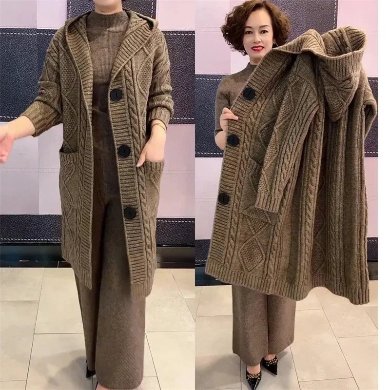 Spring Autumn 2024 New Jacquard Twists Cardigan Sweater Large Size Women Long Hooded Single
