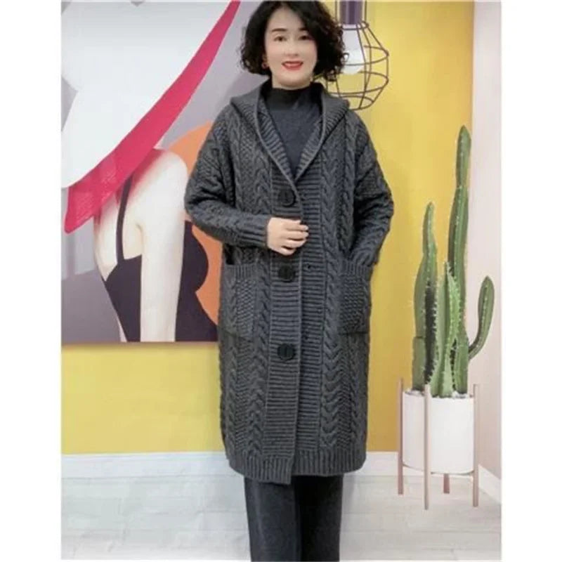 Spring Autumn 2024 New Jacquard Twists Cardigan Sweater Large Size Women Long Hooded Single