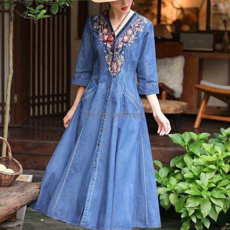 2026 autumn national style embroideried v-neck dress temperament slim fitting denim dress elegant exquisite chinese retro robe