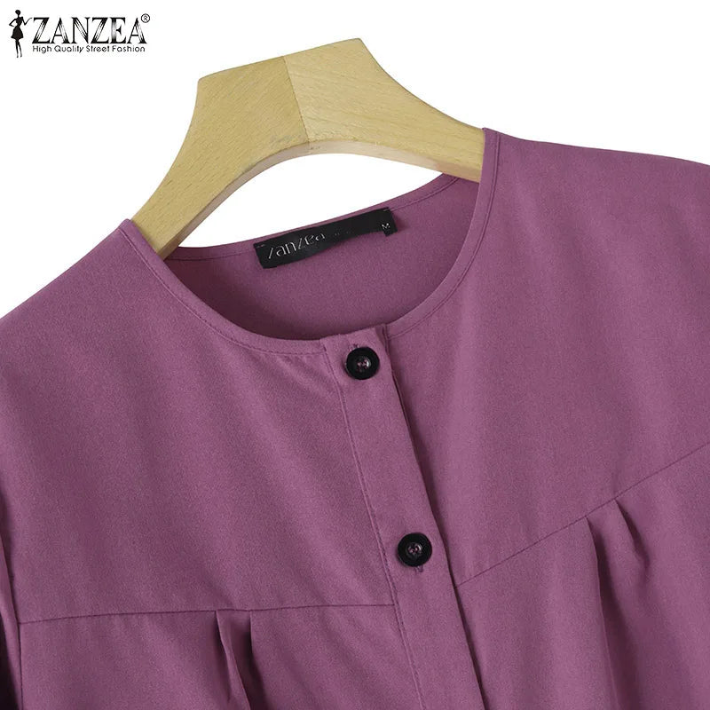 2026 ZANZEA Autumn Shirt Fashion Women O Neck Long Sleeve Tops Muslim Hijab Blouse Elegant Abaya Turkey Kaftan Isamic Clothing