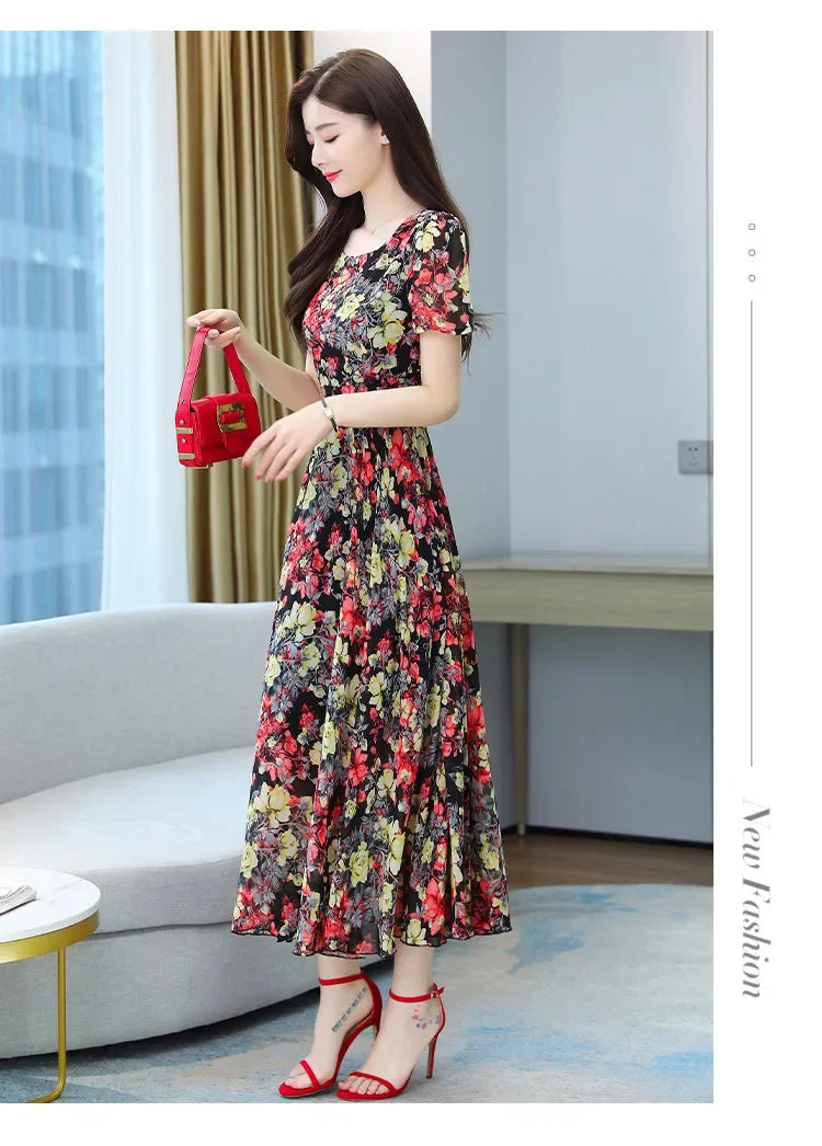Fashionable Stylish 2023 Summer Short Sleeve Fragmented Flower Dress Women's Round Neck Waist-fitted Slimming Long Skirt
