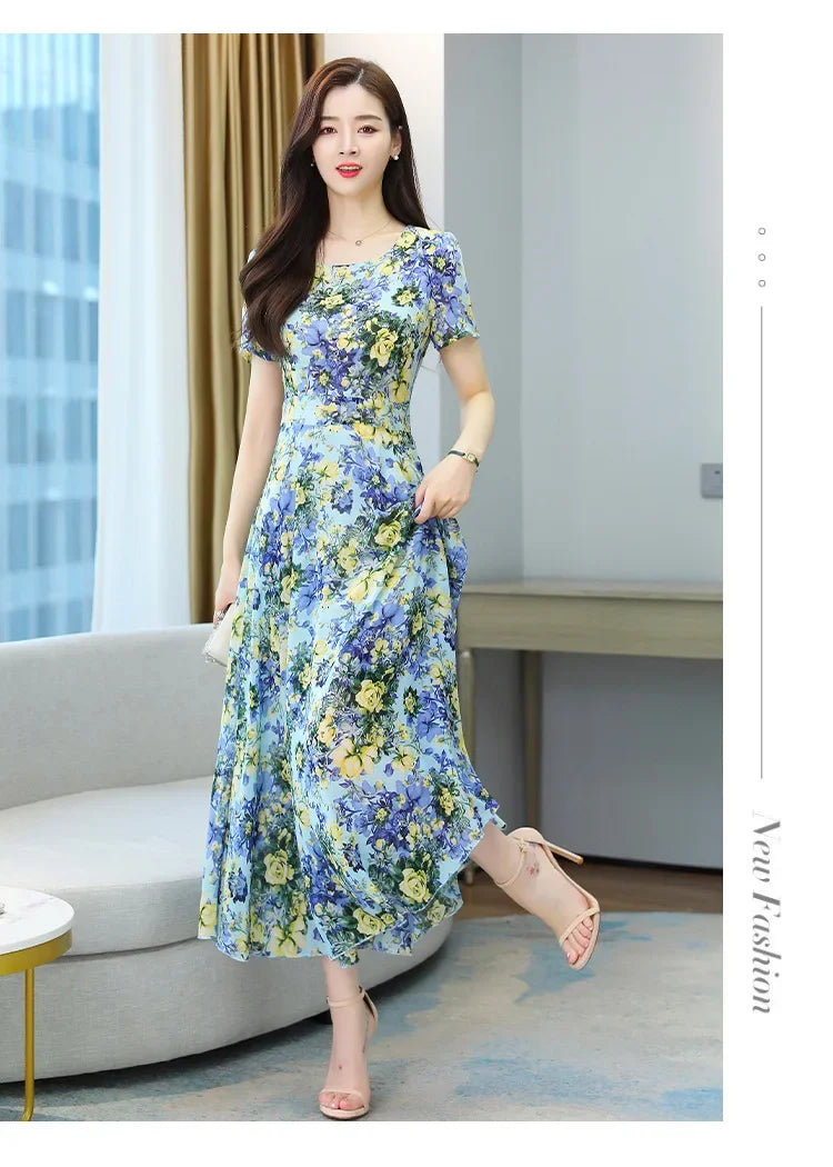 Fashionable Stylish 2023 Summer Short Sleeve Fragmented Flower Dress Women's Round Neck Waist-fitted Slimming Long Skirt