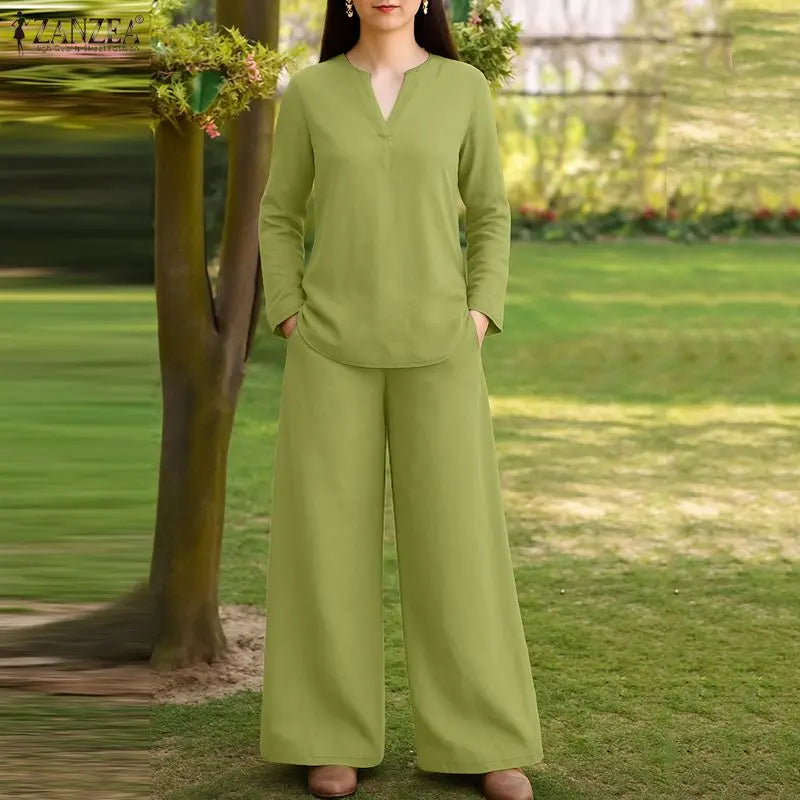 2026 Fashion Autumn Outfit Women 2 Piece Sets ZANZEA Casual V Neck Long Sleeve Tops Pant Suit