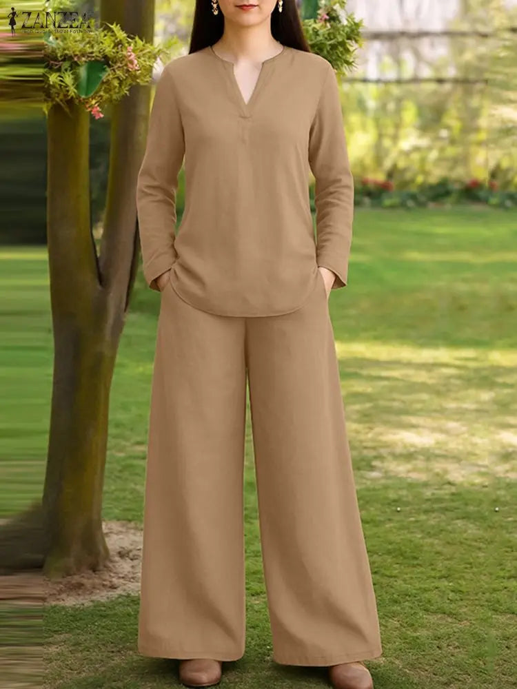 2026 Fashion Autumn Outfit Women 2 Piece Sets ZANZEA Casual V Neck Long Sleeve Tops Pant Suit